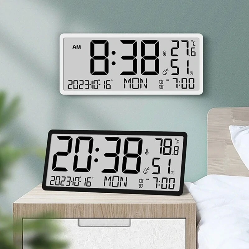 Large LCD Digital Wall Clock Temperature Humidity Display Alarm Clock Hanging/Desktop Digital Clock Plugged in Electronic Desktop Clock for Home and Offices — Pricio