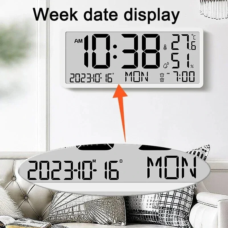 Large LCD Digital Wall Clock Temperature Humidity Display Alarm Clock Hanging/Desktop Digital Clock Plugged in Electronic Desktop Clock for Home and Offices — view 3