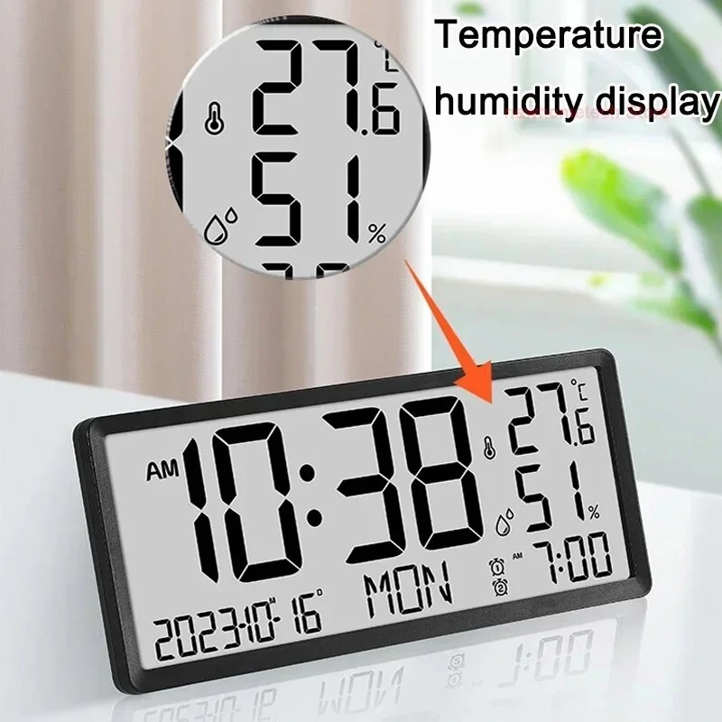 Large LCD Digital Wall Clock Temperature Humidity Display Alarm Clock Hanging/Desktop Digital Clock Plugged in Electronic Desktop Clock for Home and Offices — view 4