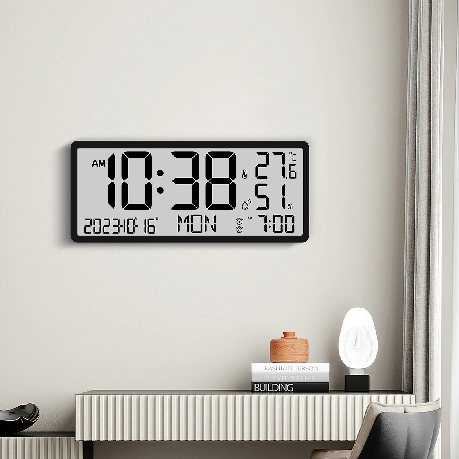 Large LCD Digital Wall Clock Temperature Humidity Display Alarm Clock Hanging/Desktop Digital Clock Plugged in Electronic Desktop Clock for Home and Offices — view 5