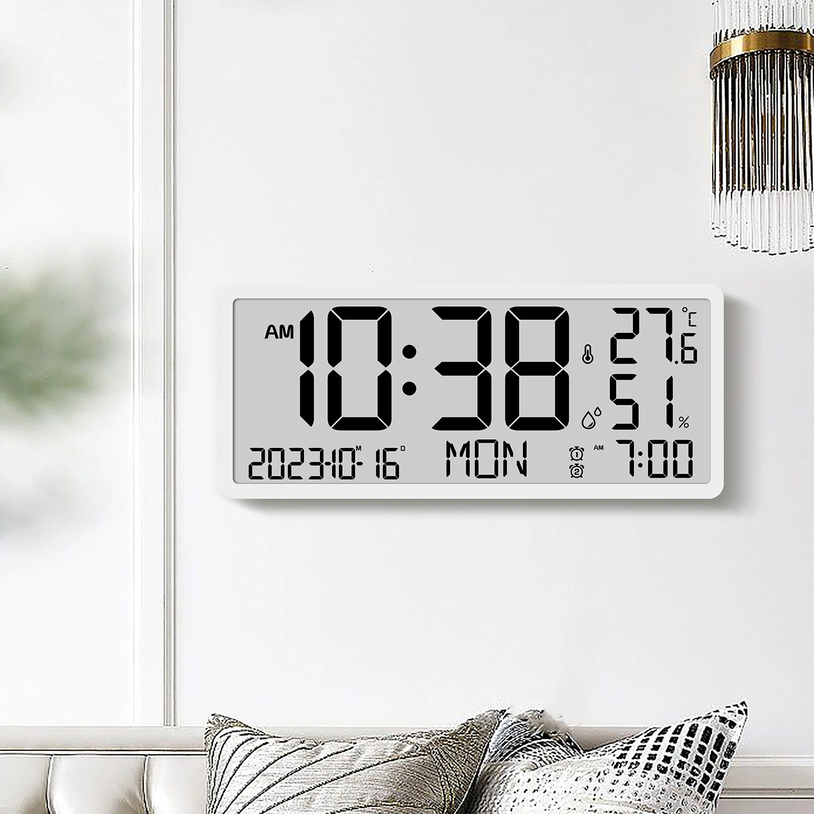 Large LCD Digital Wall Clock Temperature Humidity Display Alarm Clock Hanging/Desktop Digital Clock Plugged in Electronic Desktop Clock for Home and Offices — view 6