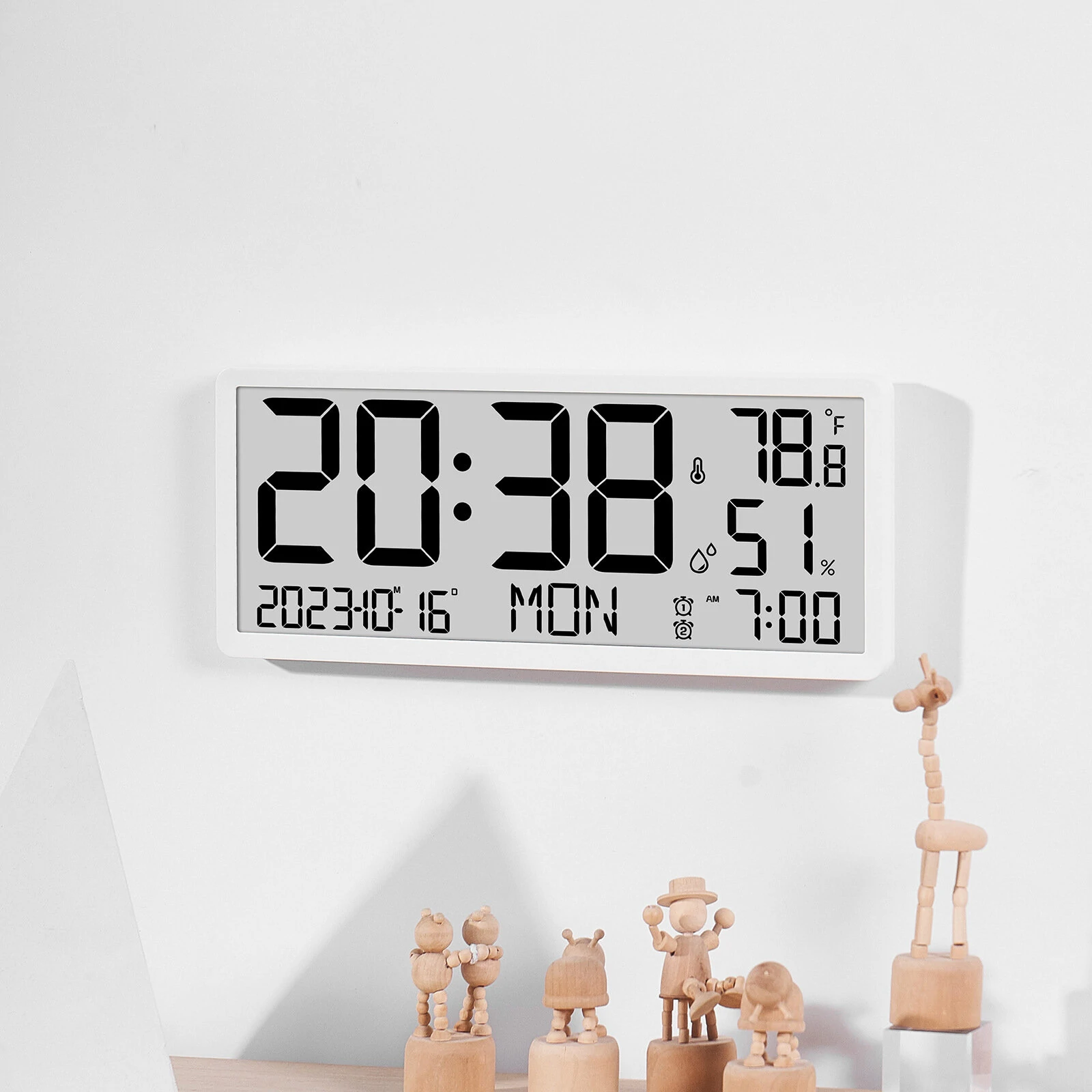 Large LCD Digital Wall Clock Temperature Humidity Display Alarm Clock Hanging/Desktop Digital Clock Plugged in Electronic Desktop Clock for Home and Offices — view 7