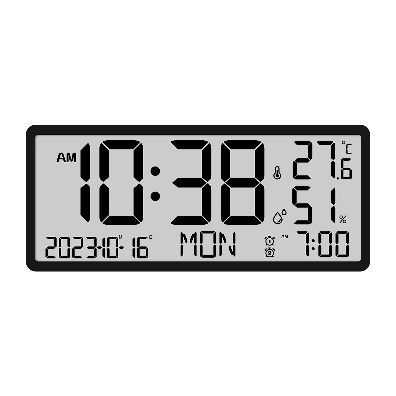 Large LCD Digital Wall Clock Temperature Humidity Display Alarm Clock Hanging/Desktop Digital Clock Plugged in Electronic Desktop Clock for Home and Offices — view 8