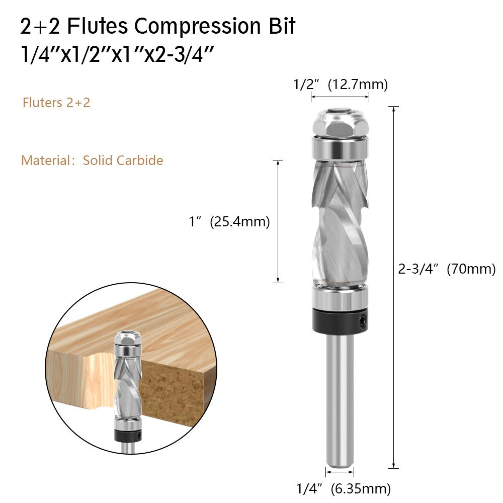 LAVIE 1/4" Shank Woodworking Solid Carbide CNC Router Bit  Spiral Compression Top Bearing Flush Router Bit Ideal for Carving Trimming Milling — view 3
