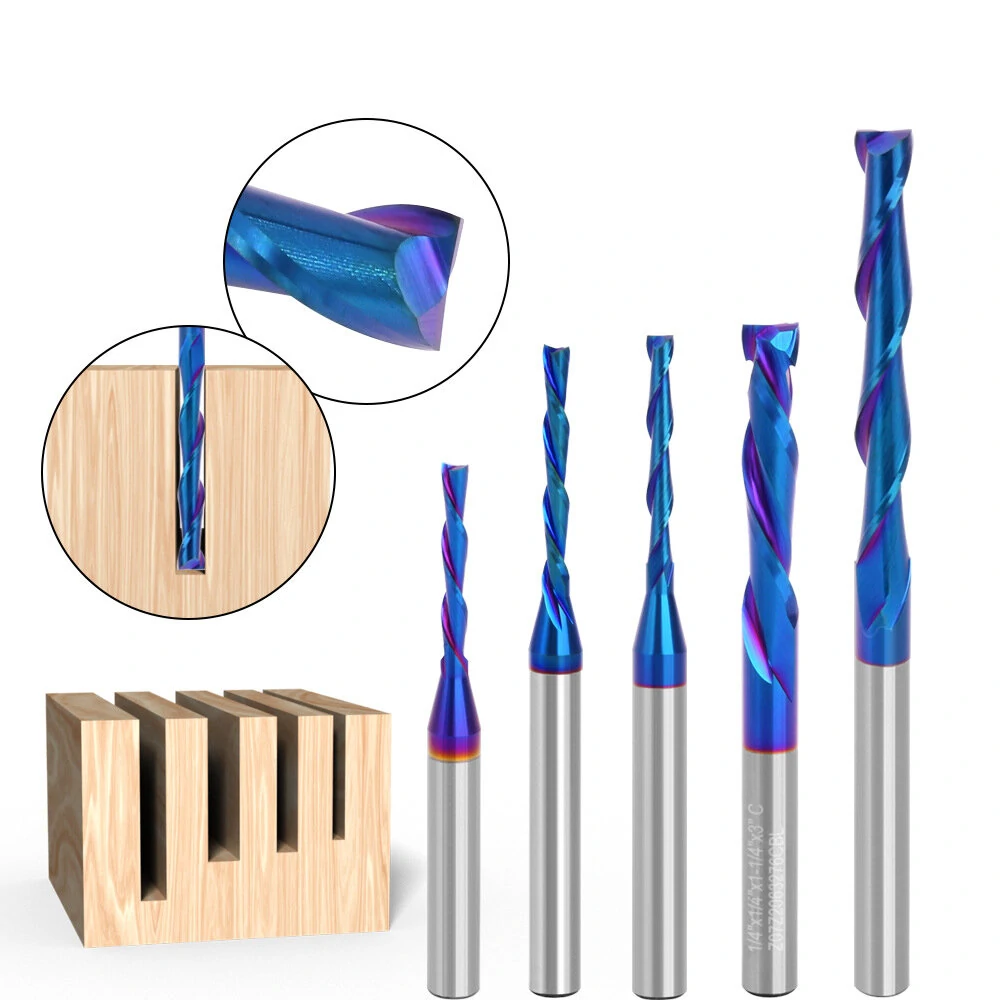 LAVIE 6.35mm 1/4" Shank Solid Carbide Bit Up Cut Flush Trim Bit Down Cutter Compression Flush Trim Bit Router Bit Nano Blue Coated