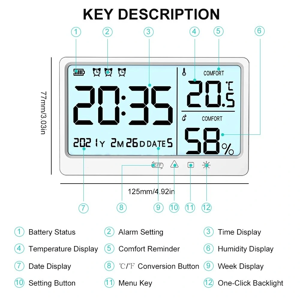 LCD Digital Temperature Humidity Meter -10~50℃ Measurement Electronic Thermometer Hygrometer LCD Display Alarm Clock — view 6