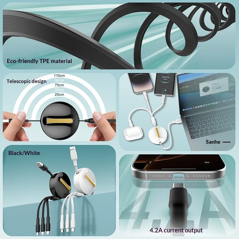 LDNIO LC90A 4.2A USB-A to Type-C/iP/Micro USB Retractable Cable Fast Charging Data Transmission Copper Core Line 1.1M Long for iPhone 17 17 Pro 16 Pro Max 15 14 13 for Xiaomi 17pro for Samsung Galaxy S25 Ultra for XIAOMI for OPPO — view 3