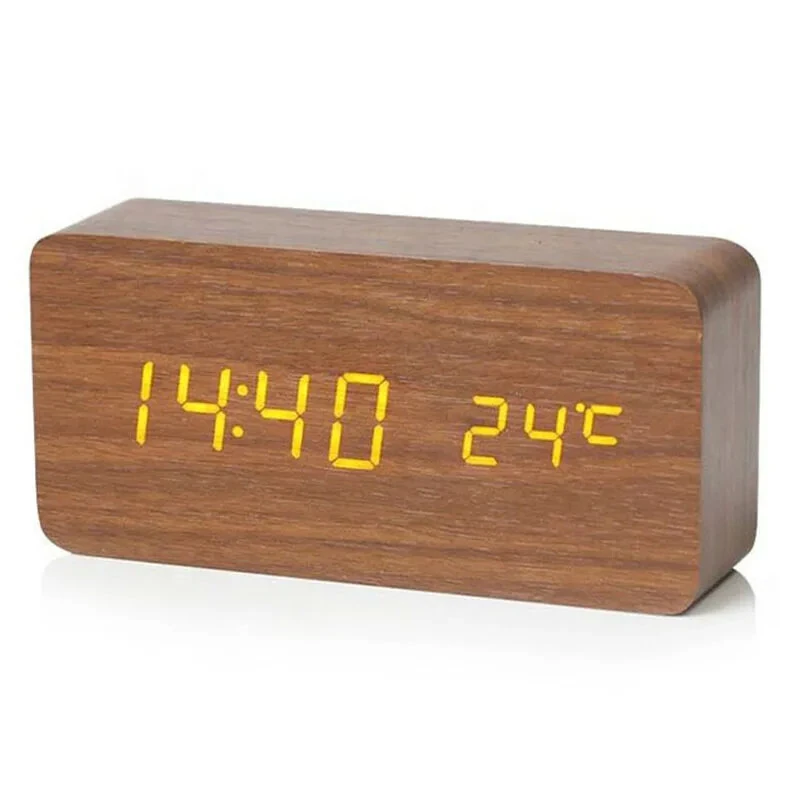 LED Electronic Wooden Alarm Clock Time Temperature Display USB + Battery Dual Power Supply Digital Alarm Clock LED Alarm Clock with Temperature Desk Clocks for Office Bedside Clock — view 2