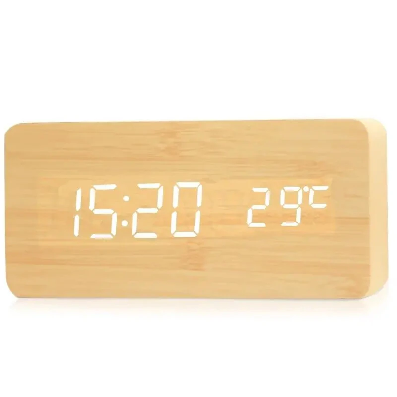 LED Electronic Wooden Alarm Clock Time Temperature Display USB + Battery Dual Power Supply Digital Alarm Clock LED Alarm Clock with Temperature Desk Clocks for Office Bedside Clock — view 3
