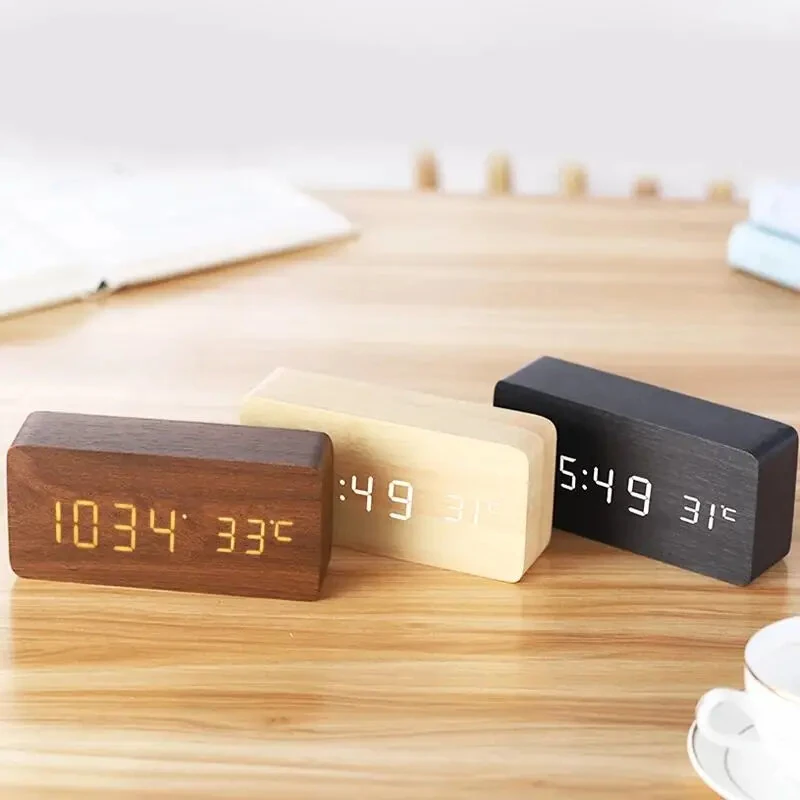 LED Electronic Wooden Alarm Clock Time Temperature Display USB + Battery Dual Power Supply Digital Alarm Clock LED Alarm Clock with Temperature Desk Clocks for Office Bedside Clock — view 4