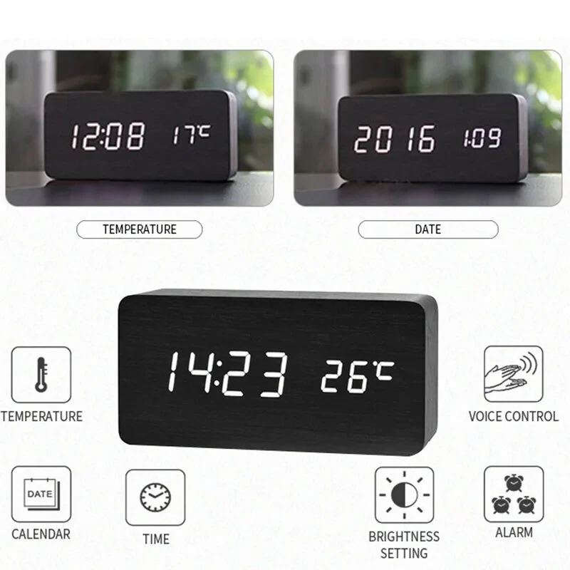 LED Electronic Wooden Alarm Clock Time Temperature Display USB + Battery Dual Power Supply Digital Alarm Clock LED Alarm Clock with Temperature Desk Clocks for Office Bedside Clock — view 5