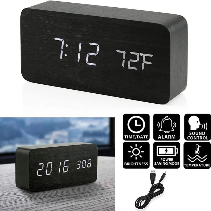 LED Electronic Wooden Alarm Clock Time Temperature Display USB + Battery Dual Power Supply Digital Alarm Clock LED Alarm Clock with Temperature Desk Clocks for Office Bedside Clock — view 6