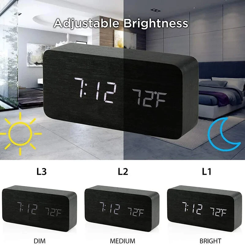LED Electronic Wooden Alarm Clock Time Temperature Display USB + Battery Dual Power Supply Digital Alarm Clock LED Alarm Clock with Temperature Desk Clocks for Office Bedside Clock — view 7