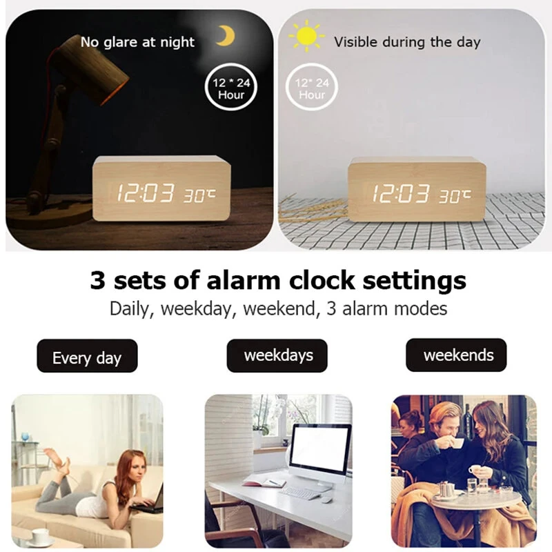LED Electronic Wooden Alarm Clock Time Temperature Display USB + Battery Dual Power Supply Digital Alarm Clock LED Alarm Clock with Temperature Desk Clocks for Office Bedside Clock — view 8