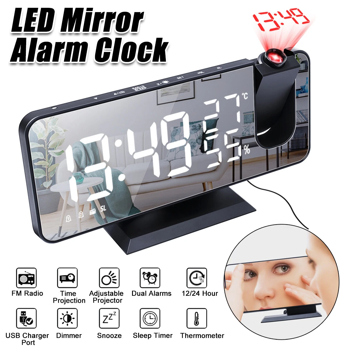LED Mirror Alarm Clock Big Screen Temperature and Humidity Display with Radio and Time Projection Function Electronic Clock Rechargeable — view 4
