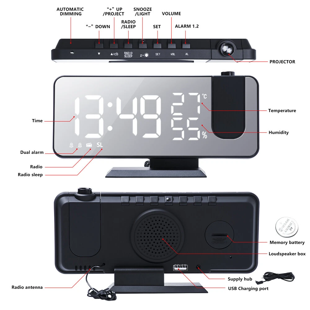 LED Mirror Alarm Clock Big Screen Temperature and Humidity Display with Radio and Time Projection Function Electronic Clock Rechargeable — view 5