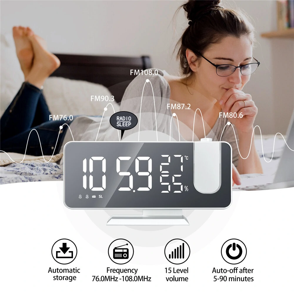 LED Mirror Alarm Clock Big Screen Temperature and Humidity Display with Radio and Time Projection Function Electronic Clock Rechargeable — view 6