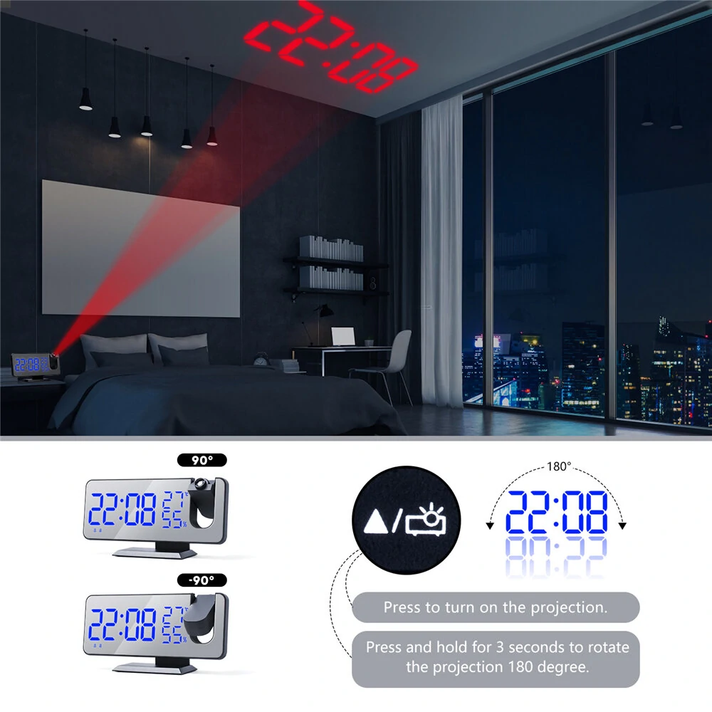 LED Mirror Alarm Clock Big Screen Temperature and Humidity Display with Radio and Time Projection Function Electronic Clock Rechargeable — view 8