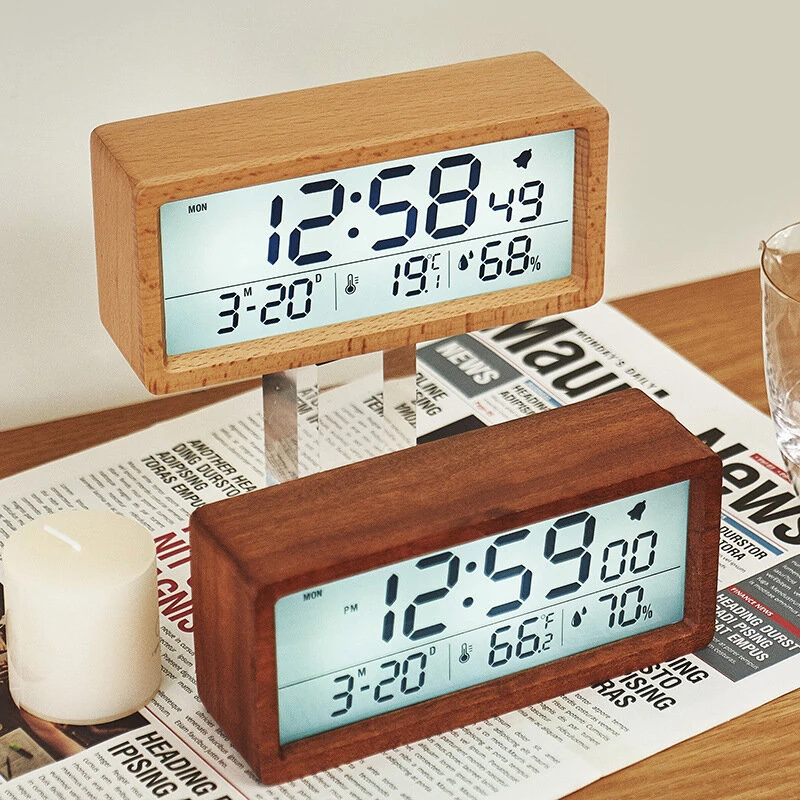 LED Wooden Digital Alarm Clock Multifunctional Large Screen Date Temperature Humidity Backlight 12/24 Hour Snooze Table Clock — view 2
