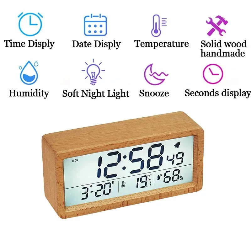 LED Wooden Digital Alarm Clock Multifunctional Large Screen Date Temperature Humidity Backlight 12/24 Hour Snooze Table Clock — view 3