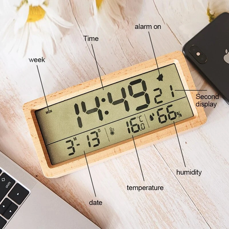 LED Wooden Digital Alarm Clock Multifunctional Large Screen Date Temperature Humidity Backlight 12/24 Hour Snooze Table Clock — view 4