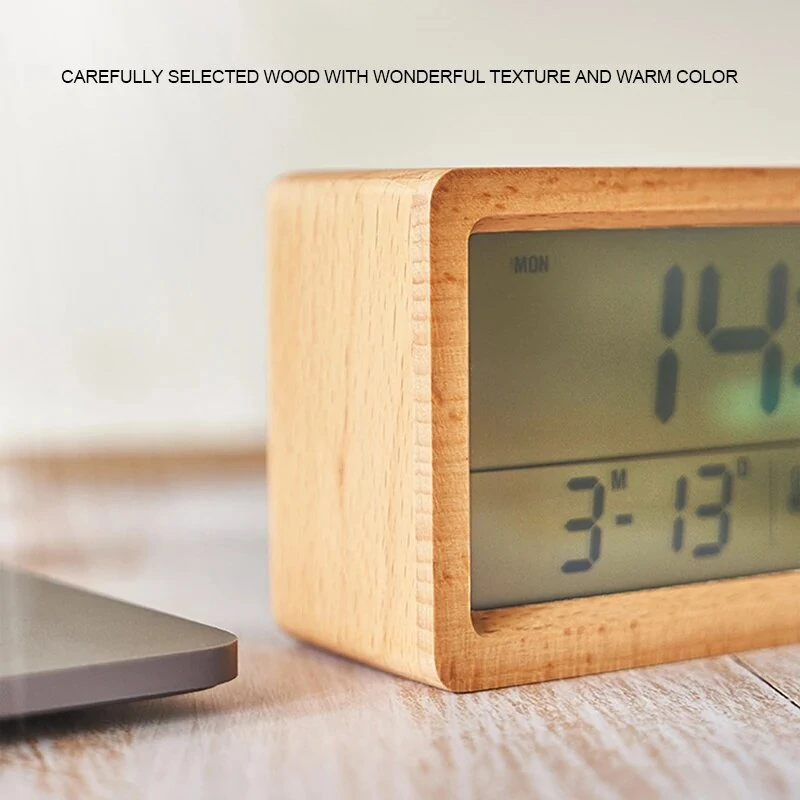 LED Wooden Digital Alarm Clock Multifunctional Large Screen Date Temperature Humidity Backlight 12/24 Hour Snooze Table Clock — view 6