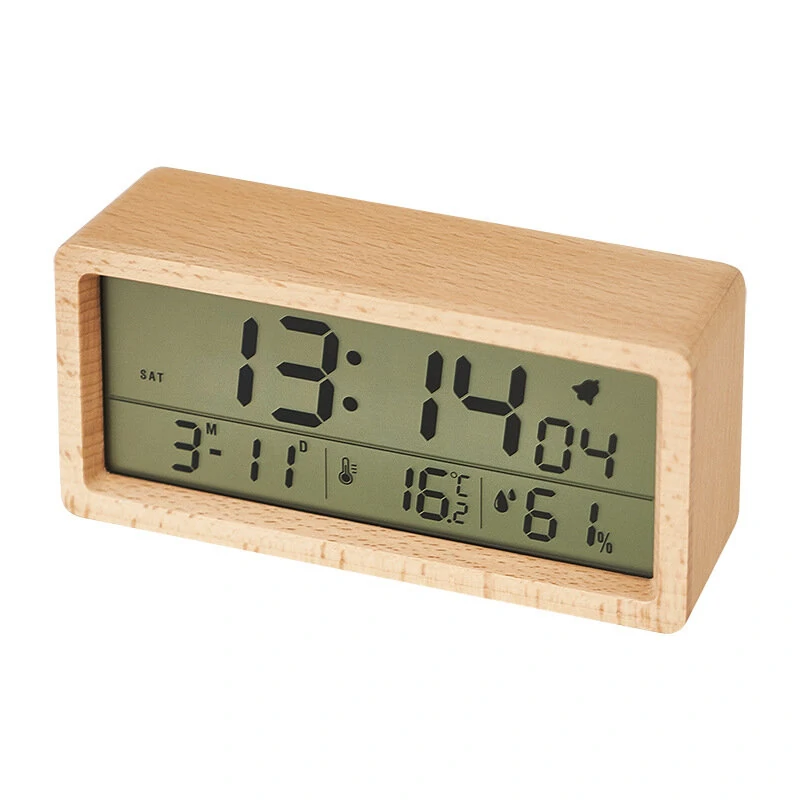 LED Wooden Digital Alarm Clock Multifunctional Large Screen Date Temperature Humidity Backlight 12/24 Hour Snooze Table Clock — view 7