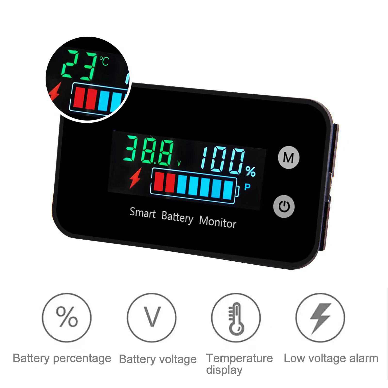 LiFePO4 Lithium Battery Monitor with Bracket Color Display 7-100V for Car Motorcycle Golf Cart IPX7 Waterproof Meter Digital Battery Capacity Remaining Capacity Percentage Tester with Buzzer Alarm Temperature — LiFePO4