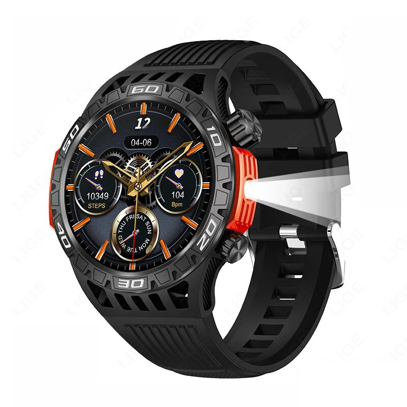 LIGE 1.46inch HD Screen Massive Battery Compass bluetooth Call Heart Rate Blood Pressure Monitor SOS Emergency Call Sleep Monitoring Multi-sport Modes Music Playback 10M Waterproof Smart Watch with Flashlight — LIGE