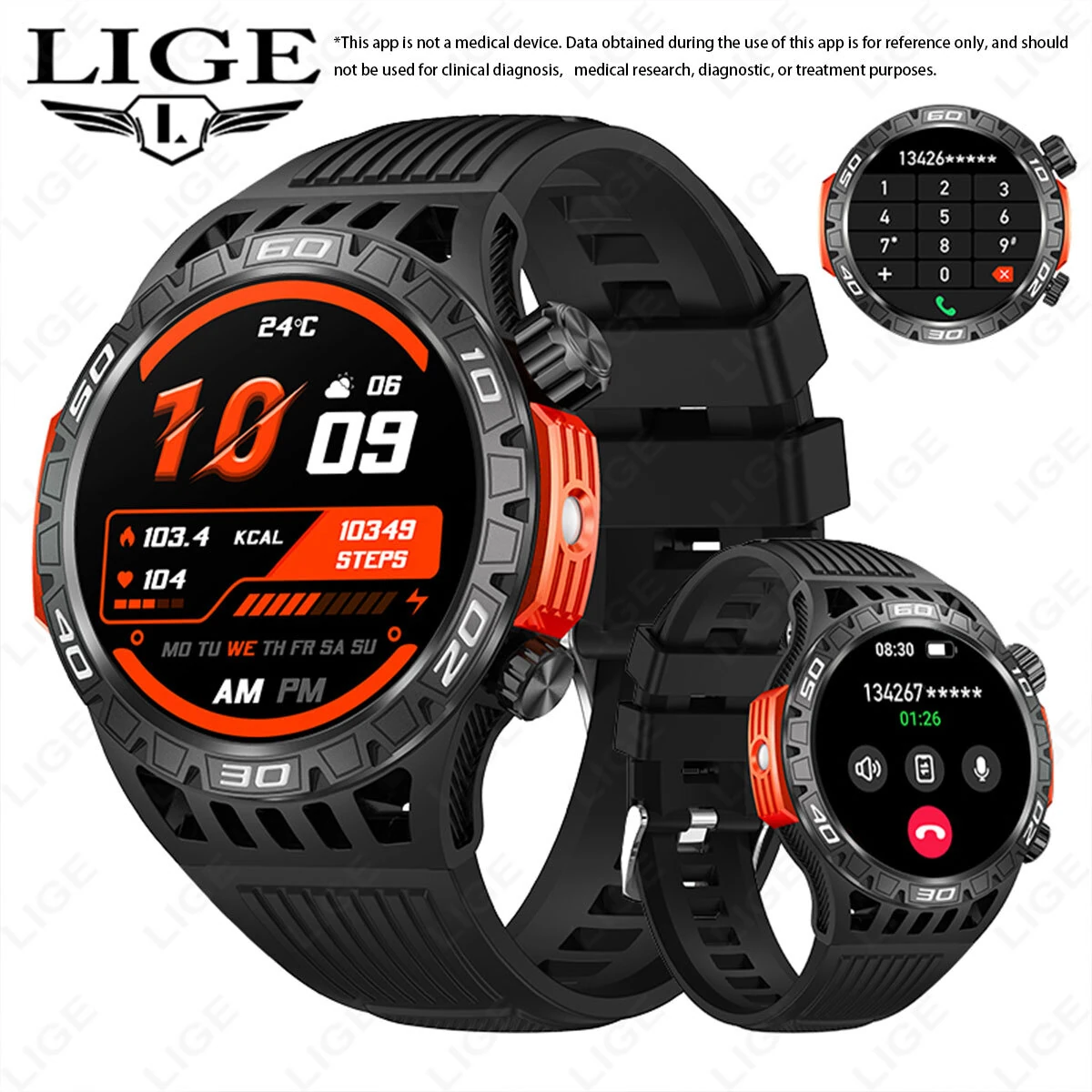 LIGE 1.46inch HD Screen Massive Battery Compass bluetooth Call Heart Rate Blood Pressure Monitor SOS Emergency Call Sleep Monitoring Multi-sport Modes Music Playback 10M Waterproof Smart Watch with Flashlight — view 3