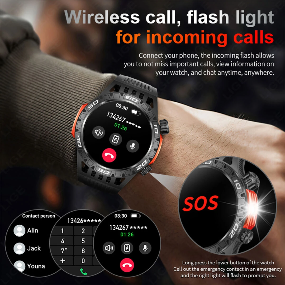 LIGE 1.46inch HD Screen Massive Battery Compass bluetooth Call Heart Rate Blood Pressure Monitor SOS Emergency Call Sleep Monitoring Multi-sport Modes Music Playback 10M Waterproof Smart Watch with Flashlight — view 4