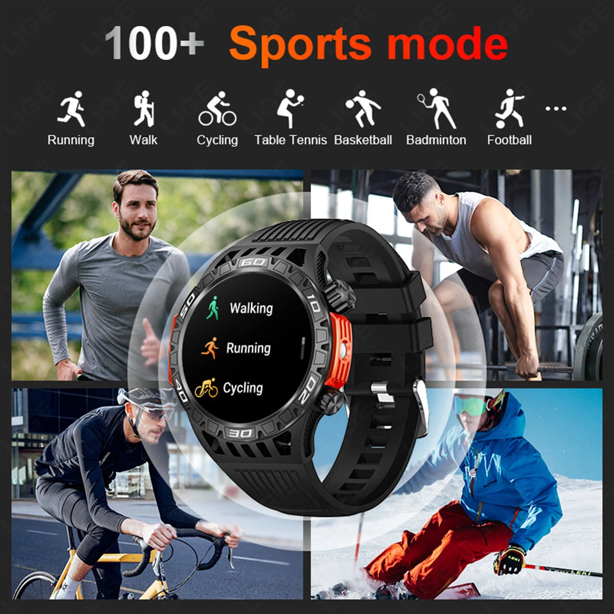 LIGE 1.46inch HD Screen Massive Battery Compass bluetooth Call Heart Rate Blood Pressure Monitor SOS Emergency Call Sleep Monitoring Multi-sport Modes Music Playback 10M Waterproof Smart Watch with Flashlight — view 6