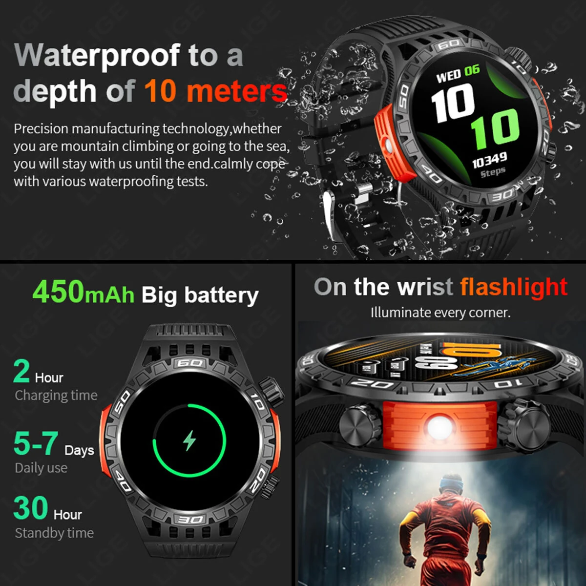 LIGE 1.46inch HD Screen Massive Battery Compass bluetooth Call Heart Rate Blood Pressure Monitor SOS Emergency Call Sleep Monitoring Multi-sport Modes Music Playback 10M Waterproof Smart Watch with Flashlight — view 7