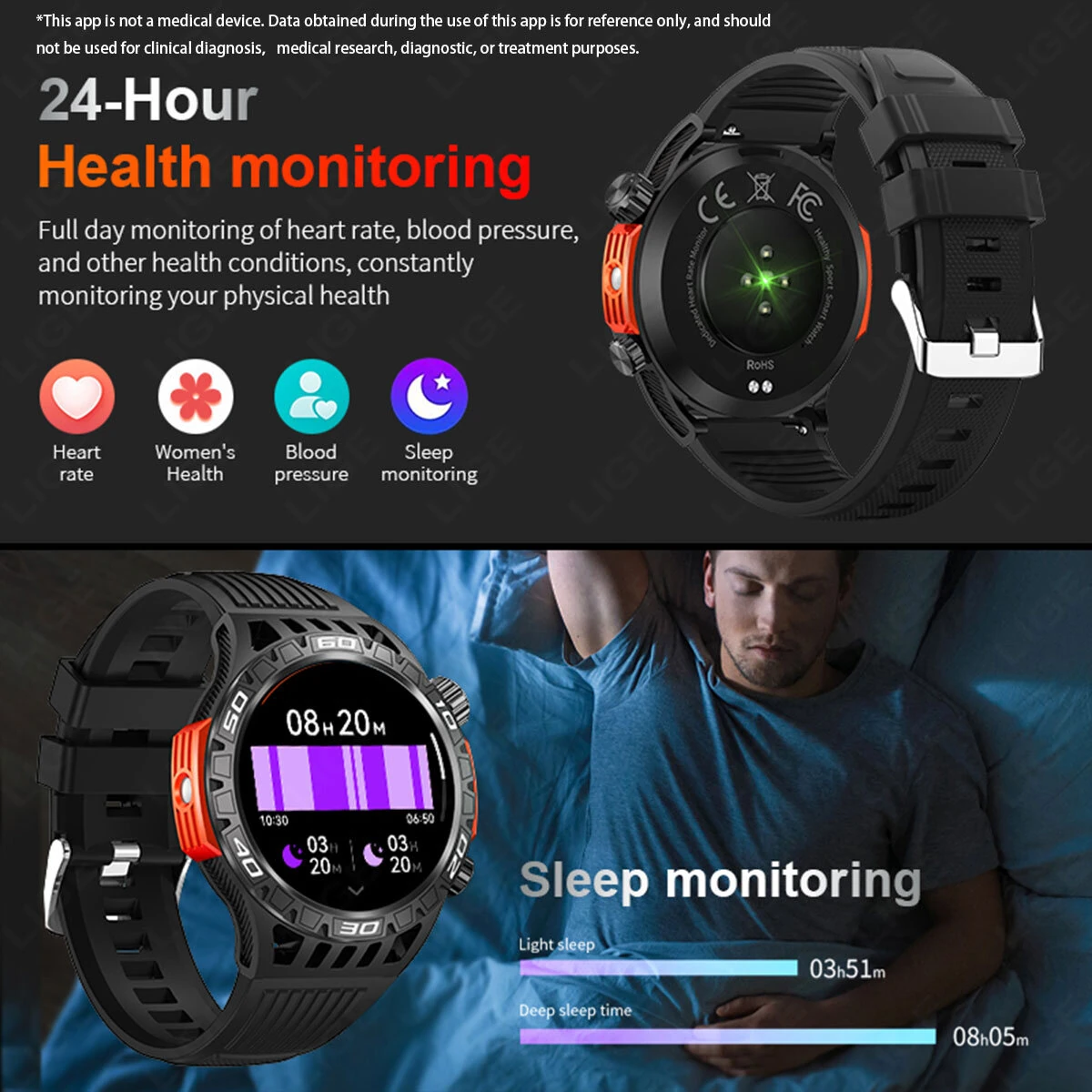 LIGE 1.46inch HD Screen Massive Battery Compass bluetooth Call Heart Rate Blood Pressure Monitor SOS Emergency Call Sleep Monitoring Multi-sport Modes Music Playback 10M Waterproof Smart Watch with Flashlight — view 8