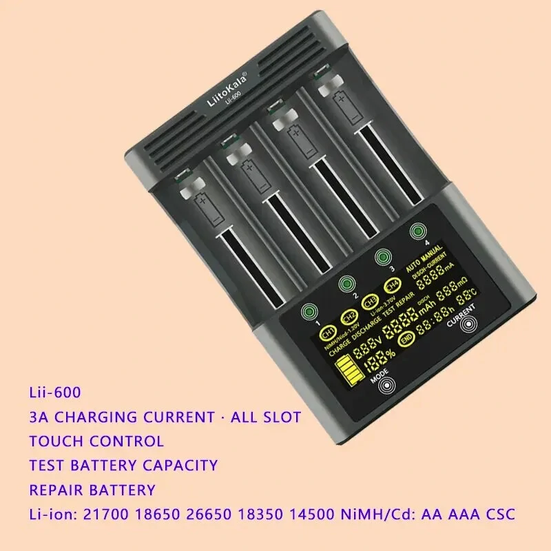 LiitoKala Lii-600 LCD Display Battery Charger For Li-ion 3.7V and NiMH 1.2V Battery Suitable for 18650 26650 21700 26700 AA AAA 12V5A  Battery Smart Charger — view 5