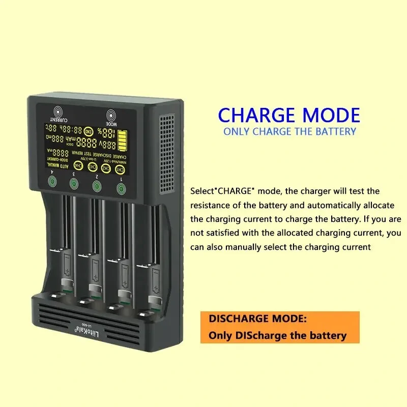 LiitoKala Lii-600 LCD Display Battery Charger For Li-ion 3.7V and NiMH 1.2V Battery Suitable for 18650 26650 21700 26700 AA AAA 12V5A  Battery Smart Charger — view 6