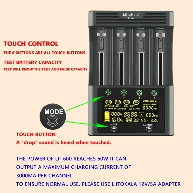 LiitoKala Lii-600 LCD Display Battery Charger For Li-ion 3.7V and NiMH 1.2V Battery Suitable for 18650 26650 21700 26700 AA AAA 12V5A  Battery Smart Charger — view 7