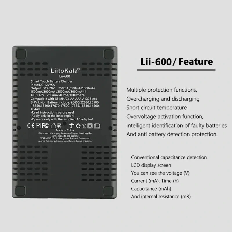 LiitoKala Lii-600 LCD Display Battery Charger For Li-ion 3.7V and NiMH 1.2V Battery Suitable for 18650 26650 21700 26700 AA AAA 12V5A  Battery Smart Charger — view 8