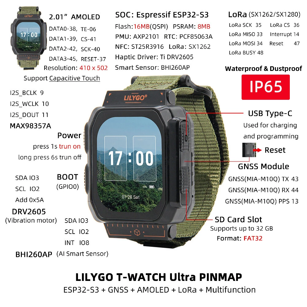 LILYGO T-Watch Ultra Watch ESP32-S3 Development Board 2.06 Inch AMOLED 410x502 Capacitive Touch Wi-Fi BLE 5.0 LoRa SX1262 16MB Flash 8MB PSRAM NFC GNSS Programmable Watch — view 7