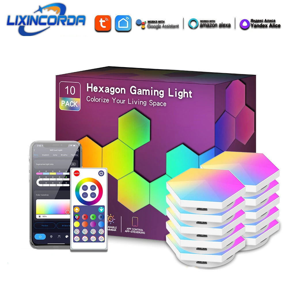 LIXINCORDA Smart RGBIC Hexagonal LED Light Panels Music Sync APP/Remote/Voice Control With Alexa Google — LIXINCORDA