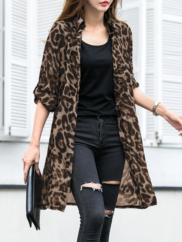 Long Sleeve Thin Light Chiffon Leopard Leisure Cardigan For Women — view 3