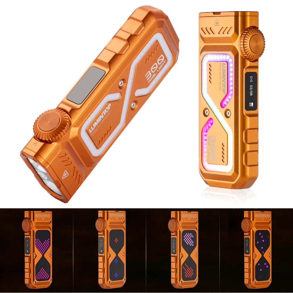 Lumintop Pixel Light 1200LM 265M Smart Flat EDC Flashlight Rotary Dial Control RGB AUX, 365nm UV, Green LEP, Flood & Spot Light & Gravity Pixel Mode, Multi-function USB-C Charging LCD Strong Work Lamp Hiking Camping Outdoor Emergency LED Torch
