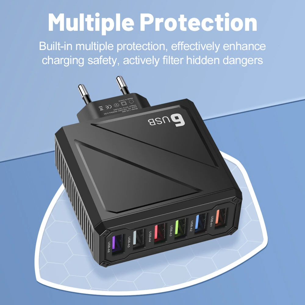 LYK-885 15W 3.1A 6-Port USB Charger 6USB-A Fast Charging Wall Charger Adapter EU Plug US Plug for iPhone 16 15 14 13 12 for Huawei Mate XT for Xiaomi 15pro for Samsung Galaxy Z Flip6 — view 4