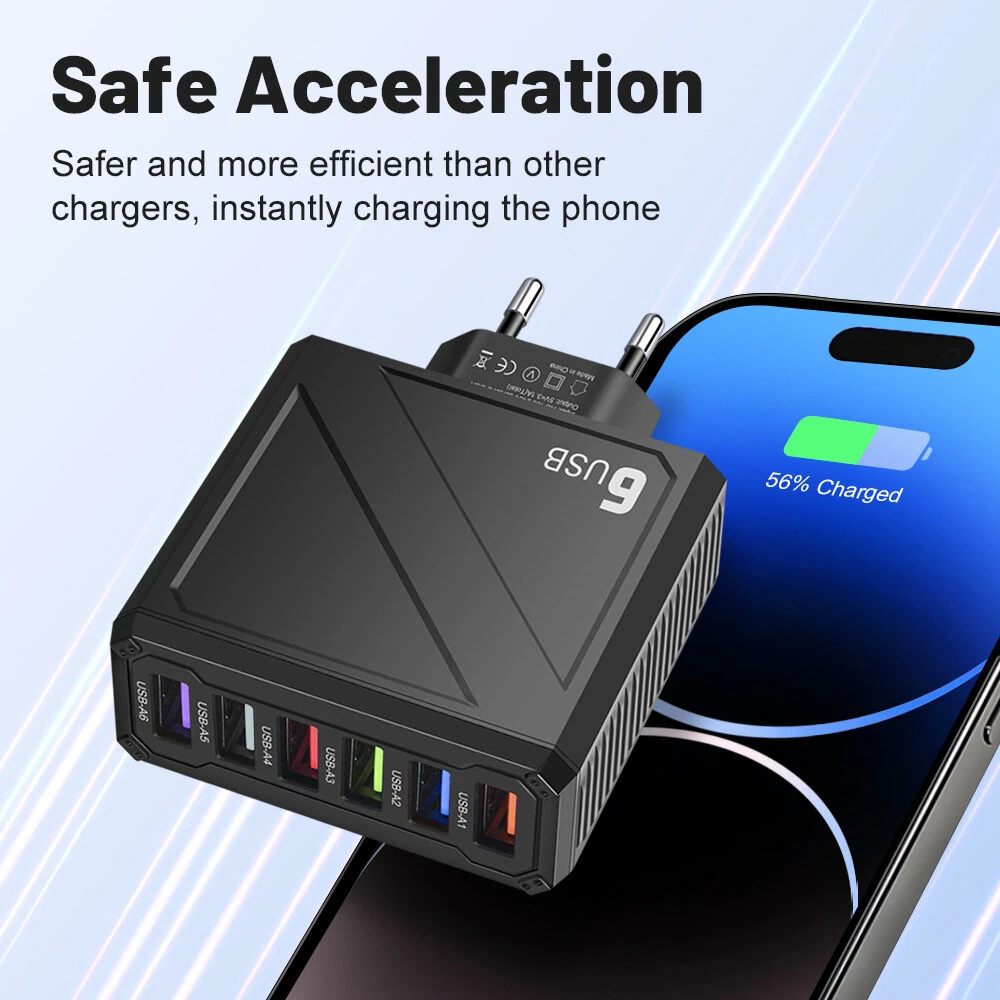 LYK-885 15W 3.1A 6-Port USB Charger 6USB-A Fast Charging Wall Charger Adapter EU Plug US Plug for iPhone 16 15 14 13 12 for Huawei Mate XT for Xiaomi 15pro for Samsung Galaxy Z Flip6 — view 5