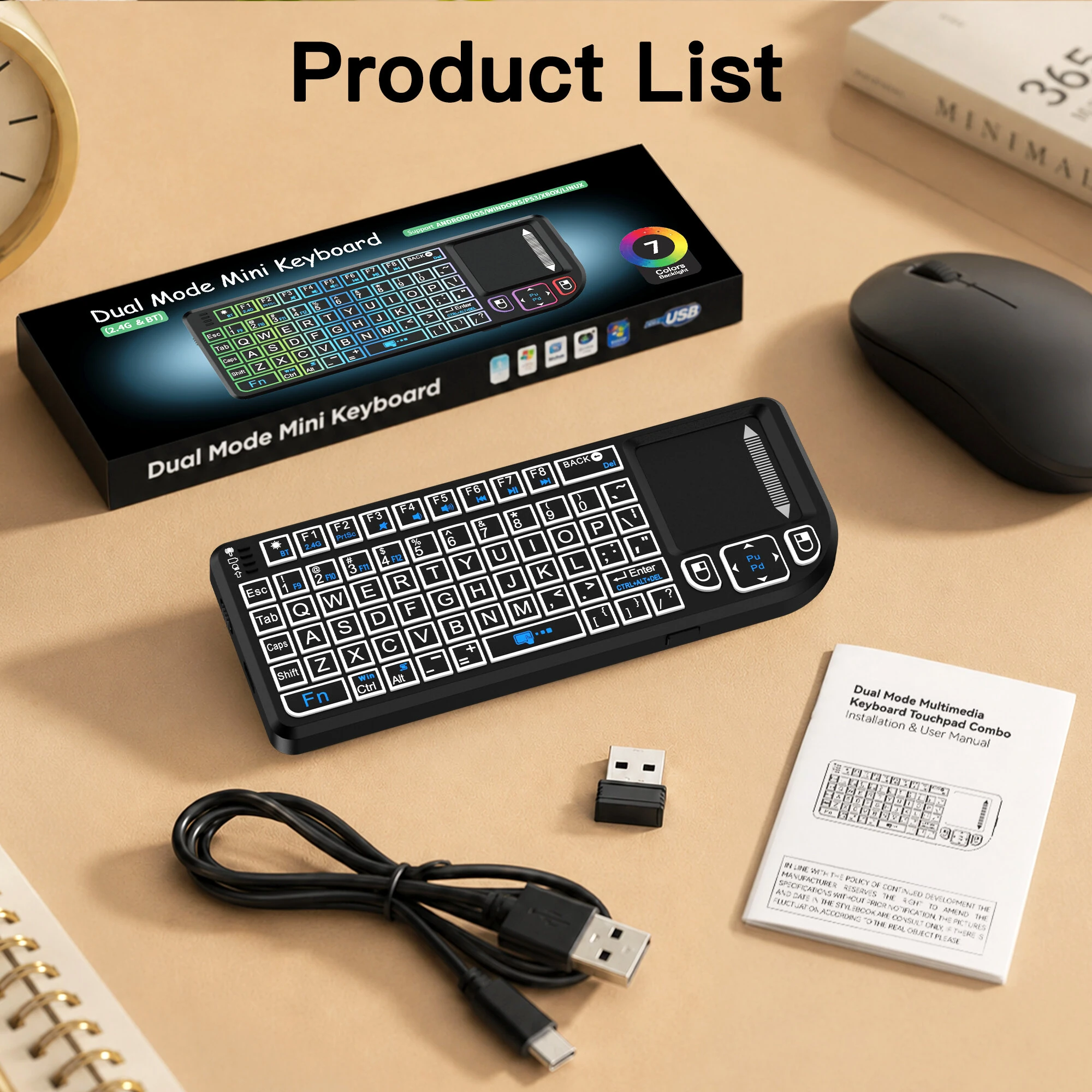 M15 Dual Mode Wireless Mini Keyboard Touchpad with 7 Color Backlit Rechargeable Type-C Red Laser Pointer Portable Multimedia Controller for PC TV Tablet — view 6