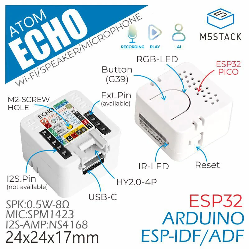 M5Stack ATOM Echo Programmable Mini Smart Speaker Development Kit ESP32 Voice Control Module with BLE/Wi-Fi for IoT Prototyping & DIY Projects — view 3