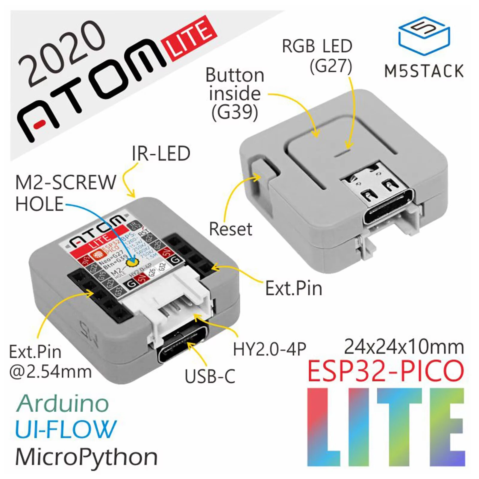 M5Stack ATOM Lite Programmable Controller ESP32-PICO-D4 Dual Core RGB LED WiFi ESP32 IoT Development Kit — view 3