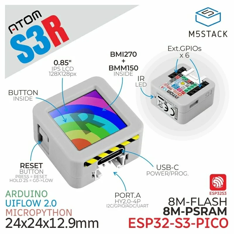 M5Stack ATOMS3R Development Kit ESP32-S3 0.85 Inch Screen 8MB PSRAM 128x128 IPS 6 Axis IMU & Infrared — view 3