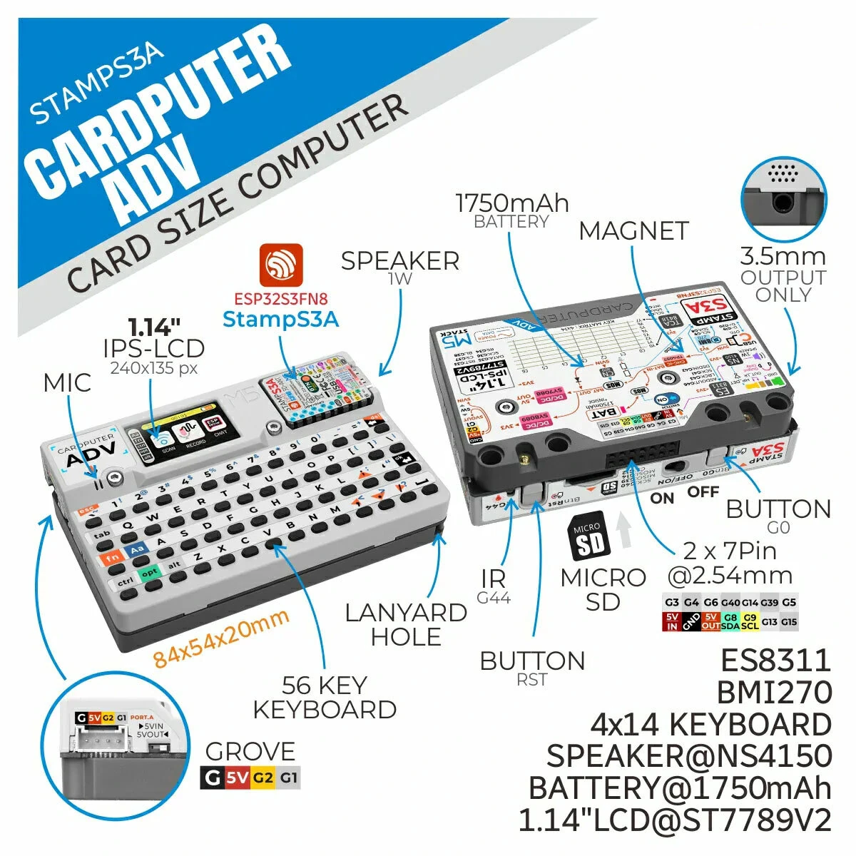 M5Stack Cardputer Adv + Cap LoRa 1262 ESP32-S3 Programmable Computer 56 Key Keyboard 1.14 Inch LCD Display GPS Antenna 868-923MHz GNSS Positioning IoT Communication — view 4