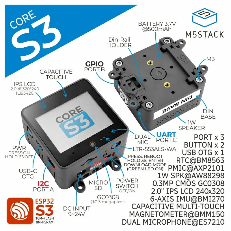 M5Stack CoreS3 ESP32S3 IoT Development Kit ESP32-S3 Dual Core 240MHz 16MB Flash 8MB PSRAM Touchscreen WiFi Camera Sensors — view 3